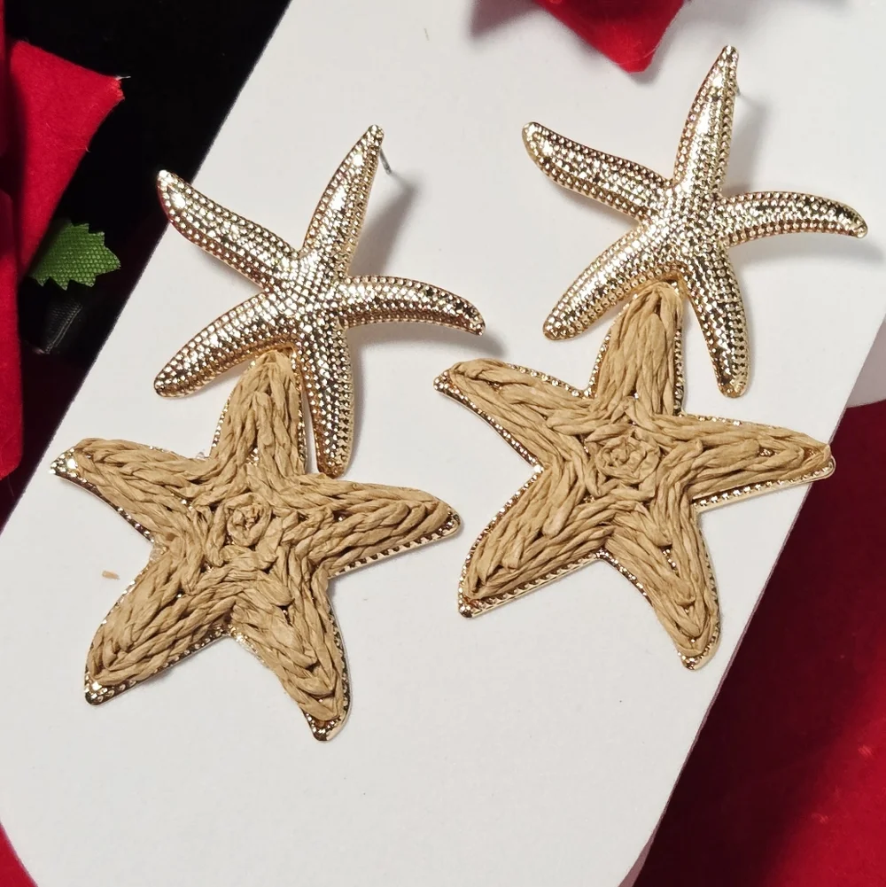 Gold Raffia Starfish Earrings Coastal Resort Statement Dangles Euro Summer Chic